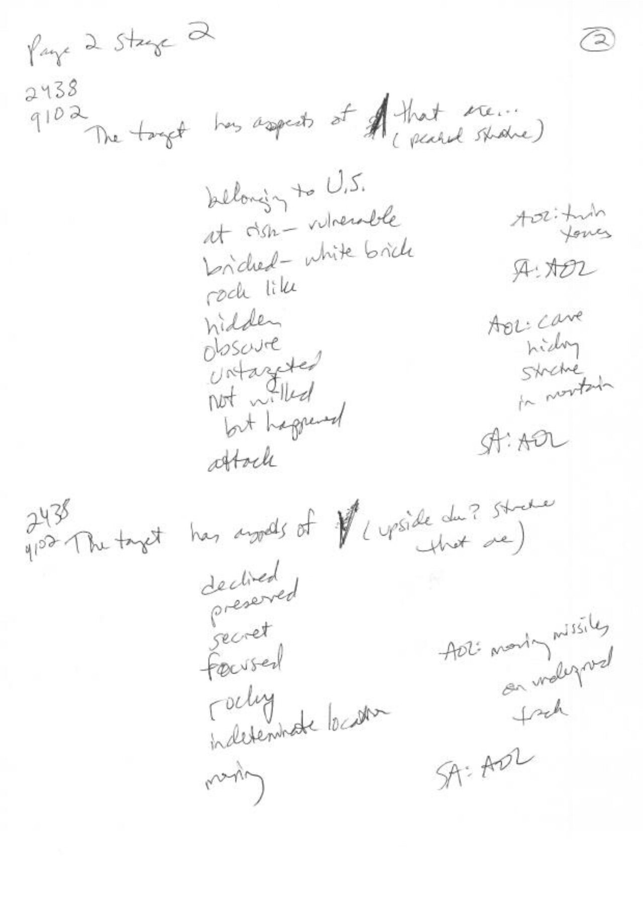 Handwritten session notes describing target properties in OPRV notation